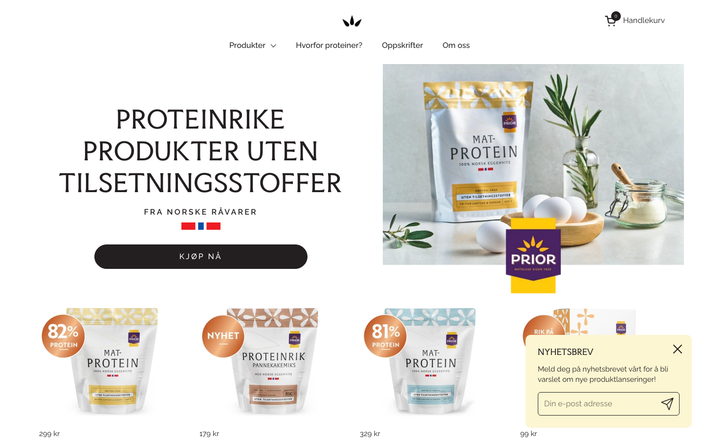 PRIOR Pluss nettside med Matprotein eggehvitepulver uten tilsetningsstoffer