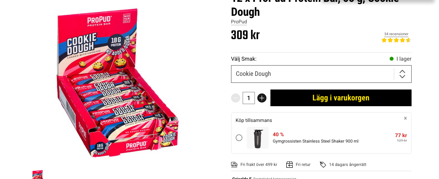 Produktsida för ProPud proteinbar hos en svensk nätbutik med pris och smaker