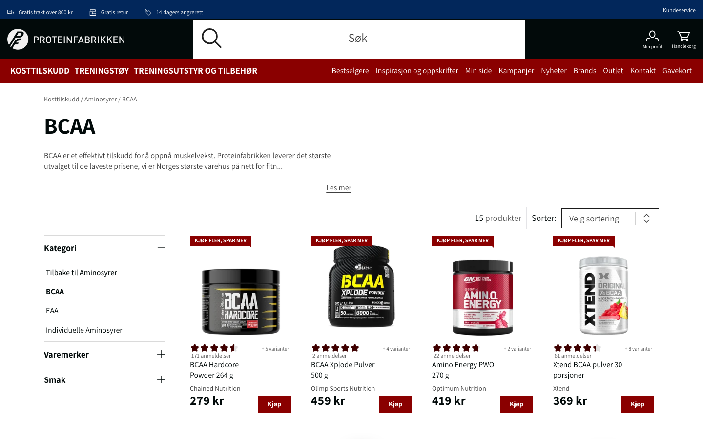 Skjermbilde av BCAA-produktutvalget hos Proteinfabrikken.no