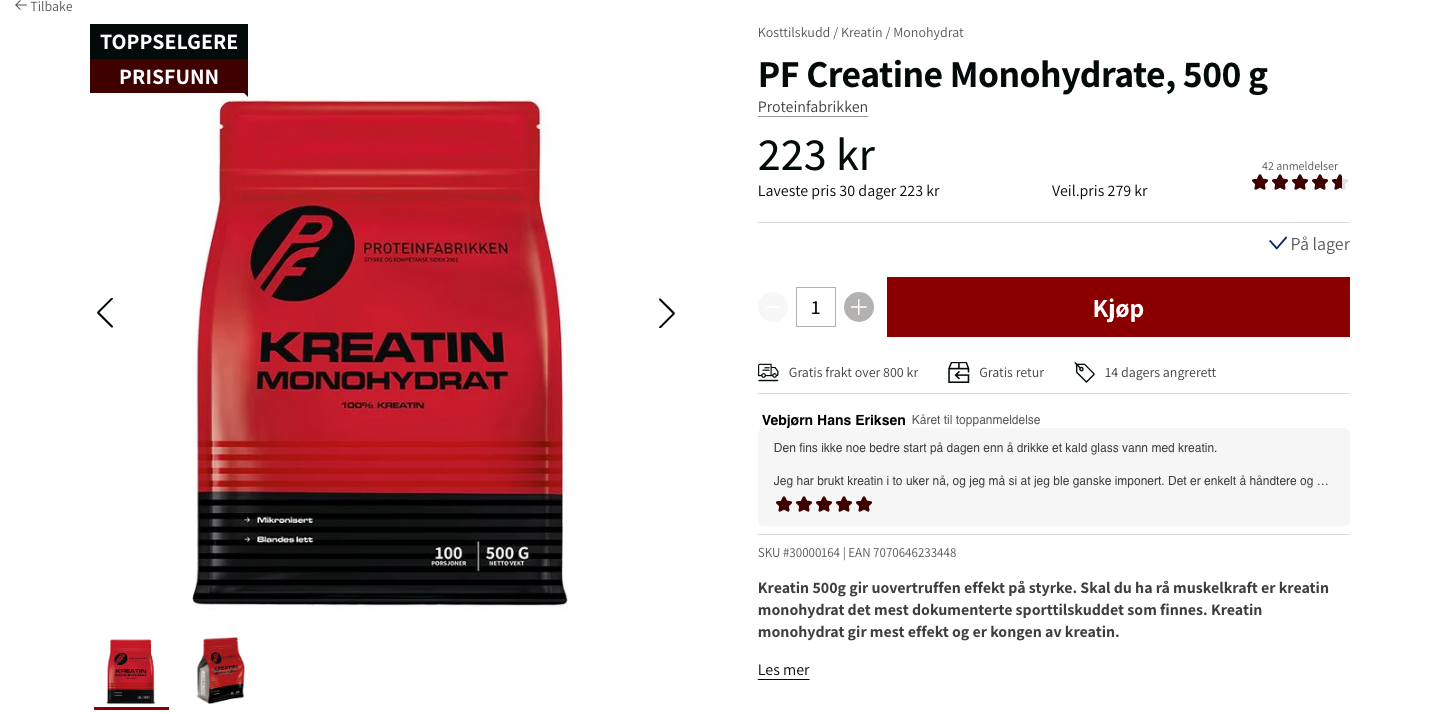 Proteinfabrikken PF Creatine Monohydrate 500g produktside, 223 kr
