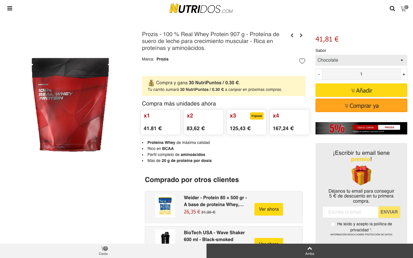 Ficha de producto de Prozis 100% Real Whey Protein en Nutridos.com, 907g, 41,81 euros