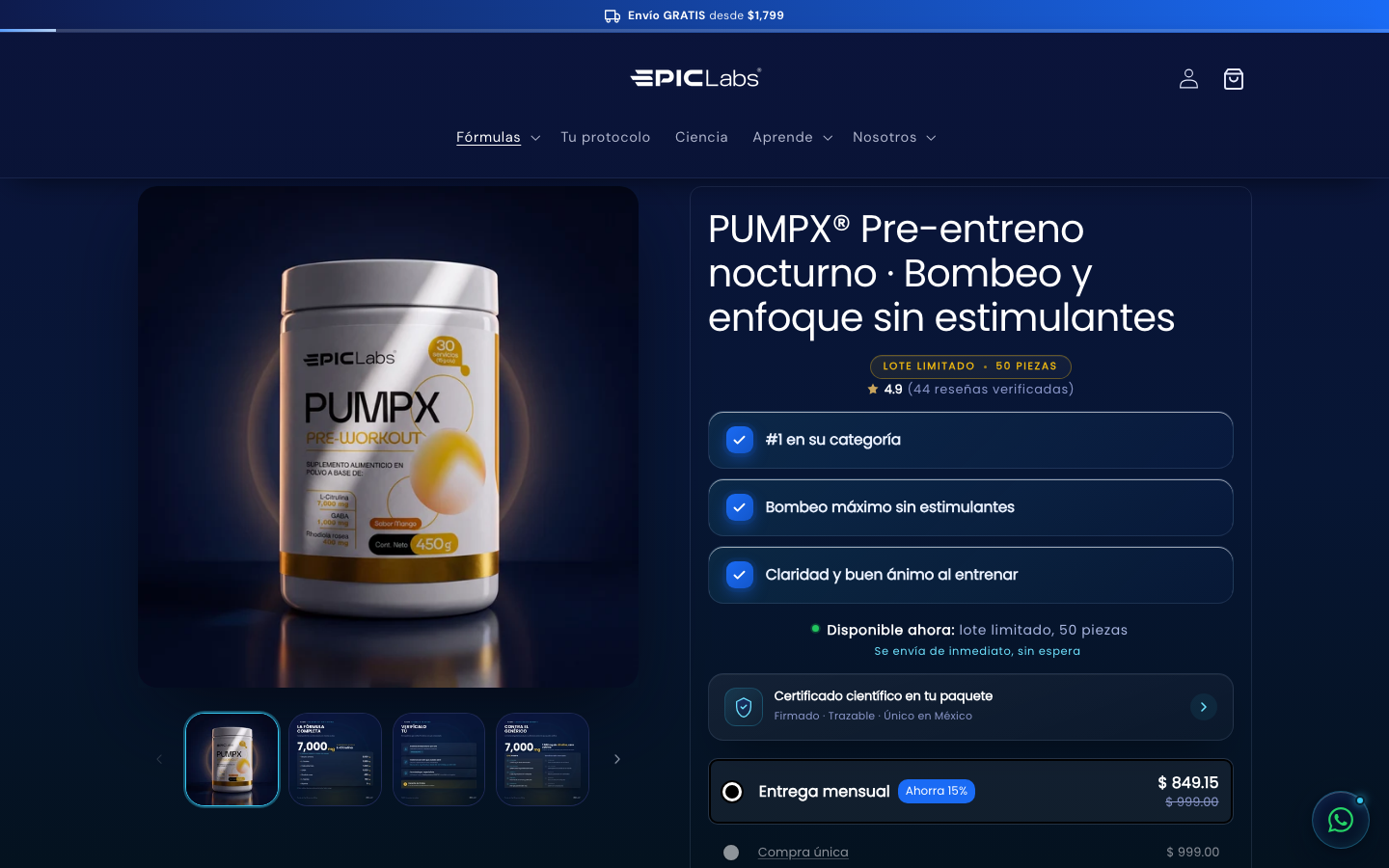 Página de producto de PUMPX, pre-entreno mexicano sin estimulantes en Epic Labs