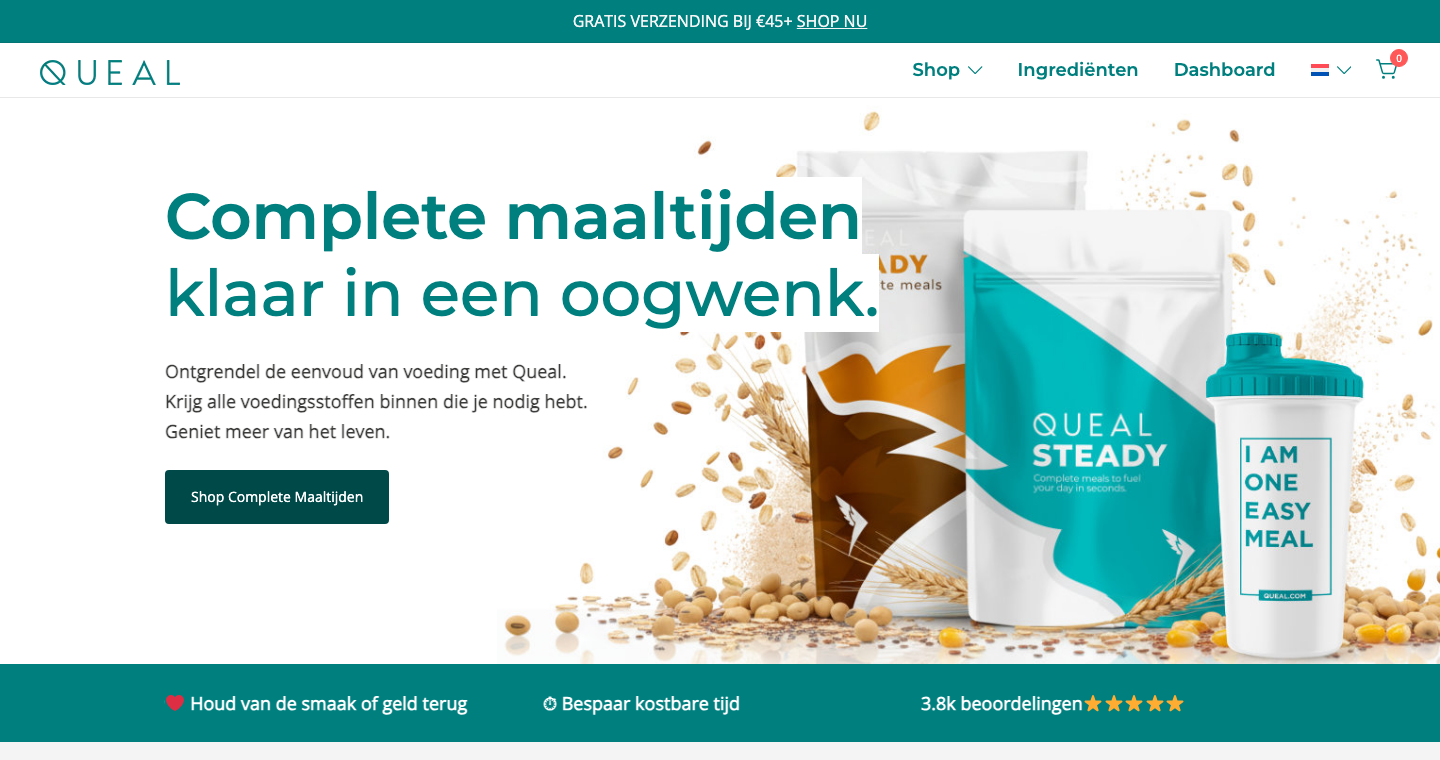 Homepage van Queal met de Steady maaltijdshake en complete voedingswaarden