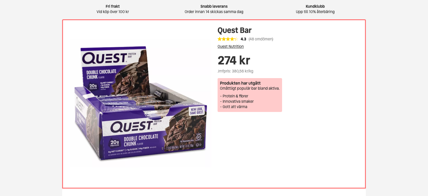 Produktsida för Quest Bar hos en svensk nätbutik med pris, betyg och lagerstatus