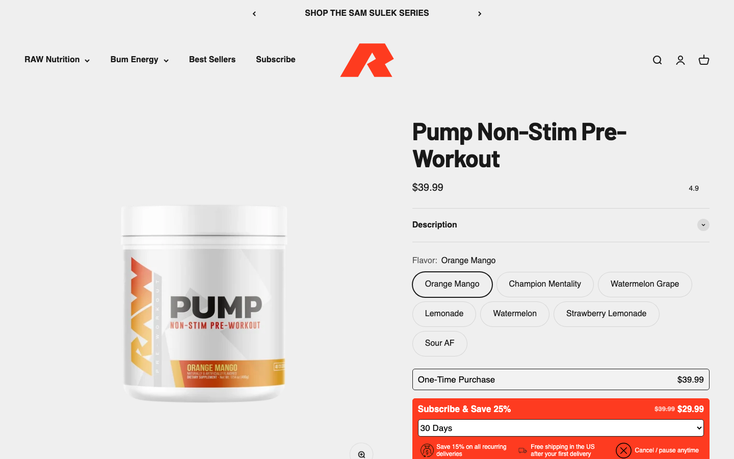 Página de producto de RAW Nutrition Pump Non-Stim, pre-entreno sin cafeína de la marca CBUM