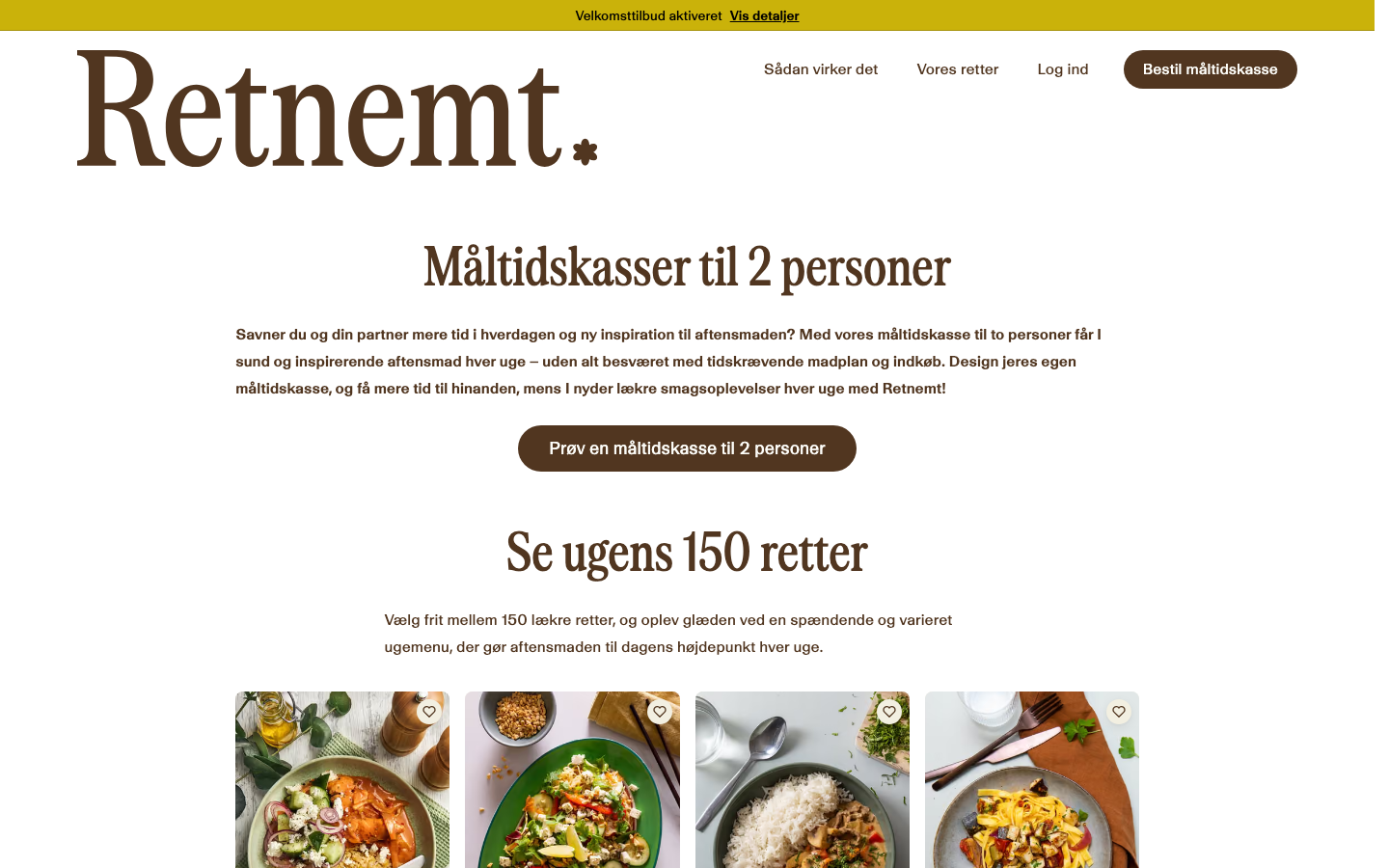 RetNemts bestillingsside for måltidskasser til 2 personer, uden mulighed for 1 person