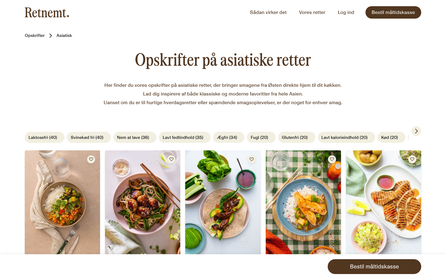 Skærmbillede af RetNemts dedikerede kategoriside for asiatiske opskrifter med filtre for laktosefri, svinekødfri og børnevenligt