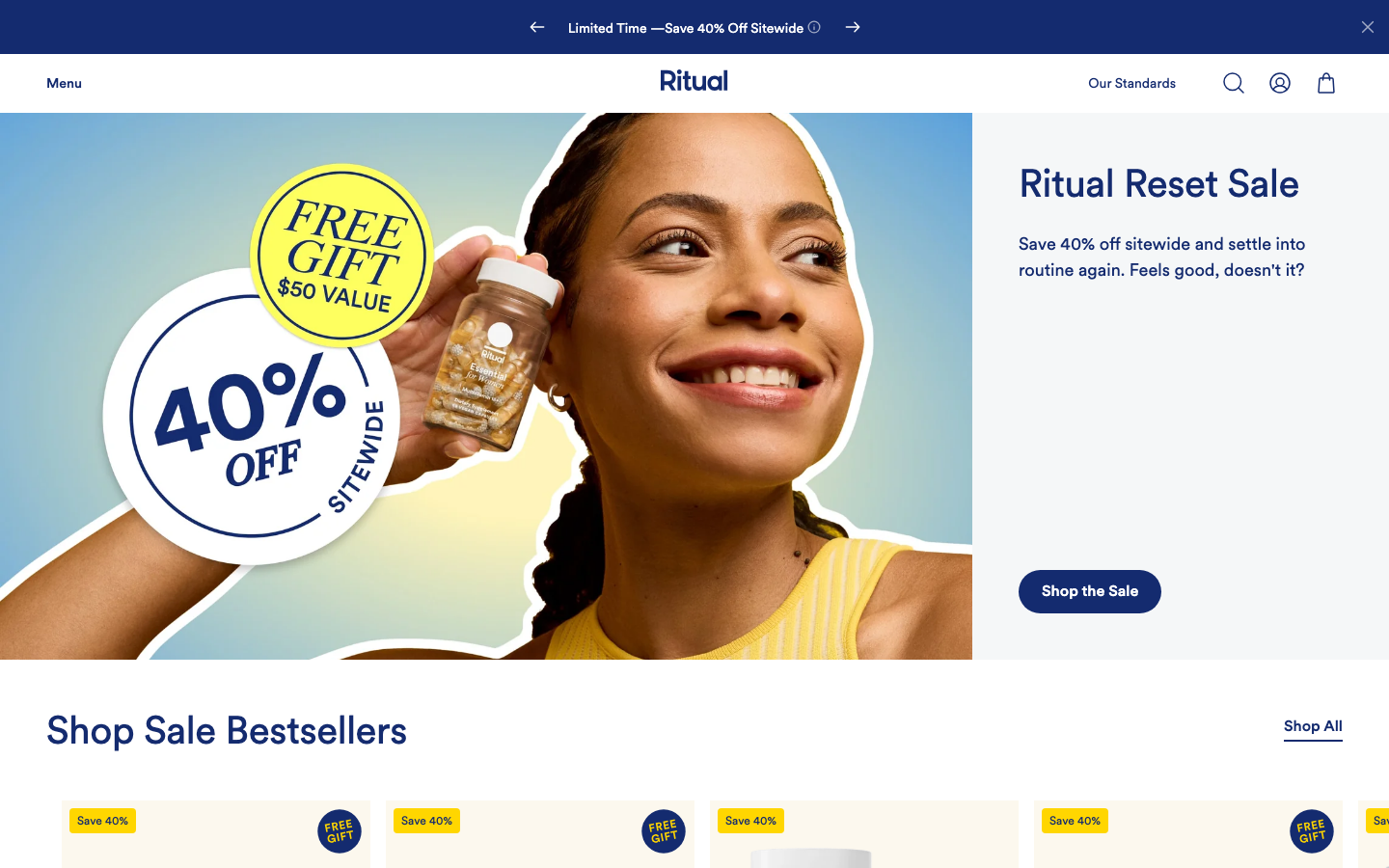 Ritual homepage showing its Essential Protein product