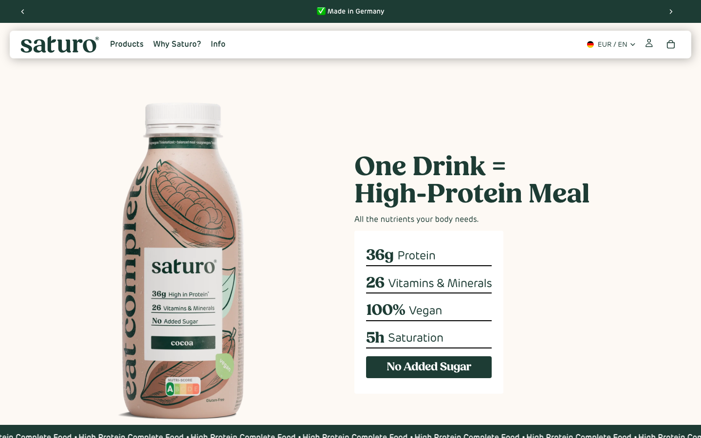 Página de inicio de Saturo con sus datos clave: 36g de proteína, 26 vitaminas y minerales, 100% vegano