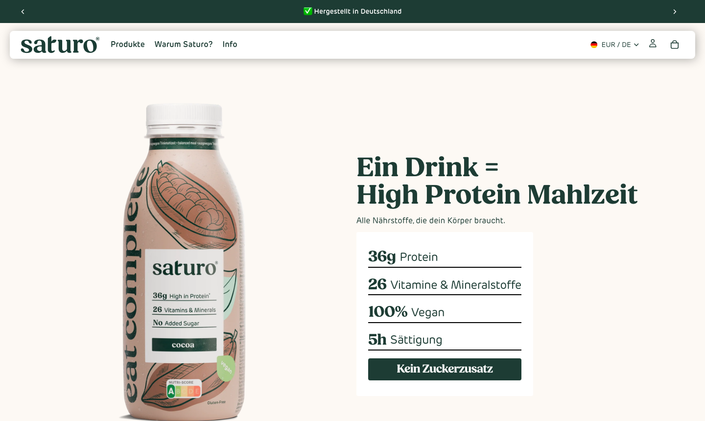 Productpagina van Saturo met de kant-en-klare drinkmaaltijd en 36 gram eiwit