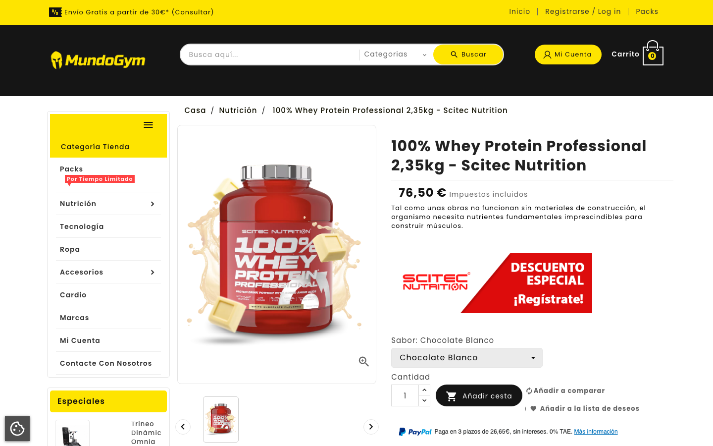 Ficha de producto de Scitec Nutrition 100% Whey Protein Professional en mundogym.es, 2.35kg, 76,50 euros