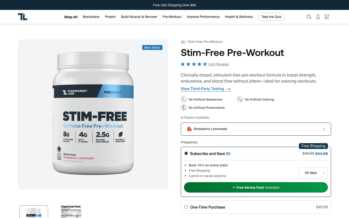 Transparent Labs Stim-Free Pre-Workout product page