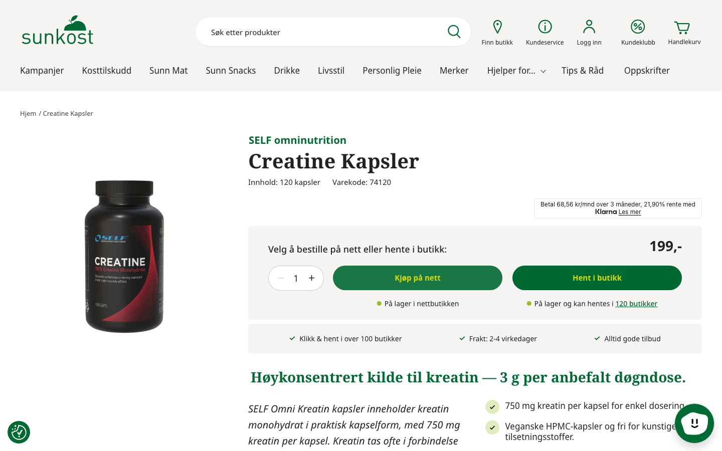 Produktside for SELF Omninutrition Creatine Kapsler hos sunkost.no
