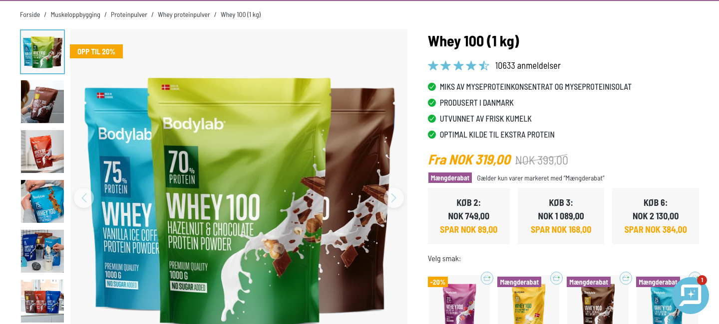 Skjermbilde av Bodylab Whey 100 1 kg produktside med kampanjepris 319 kroner