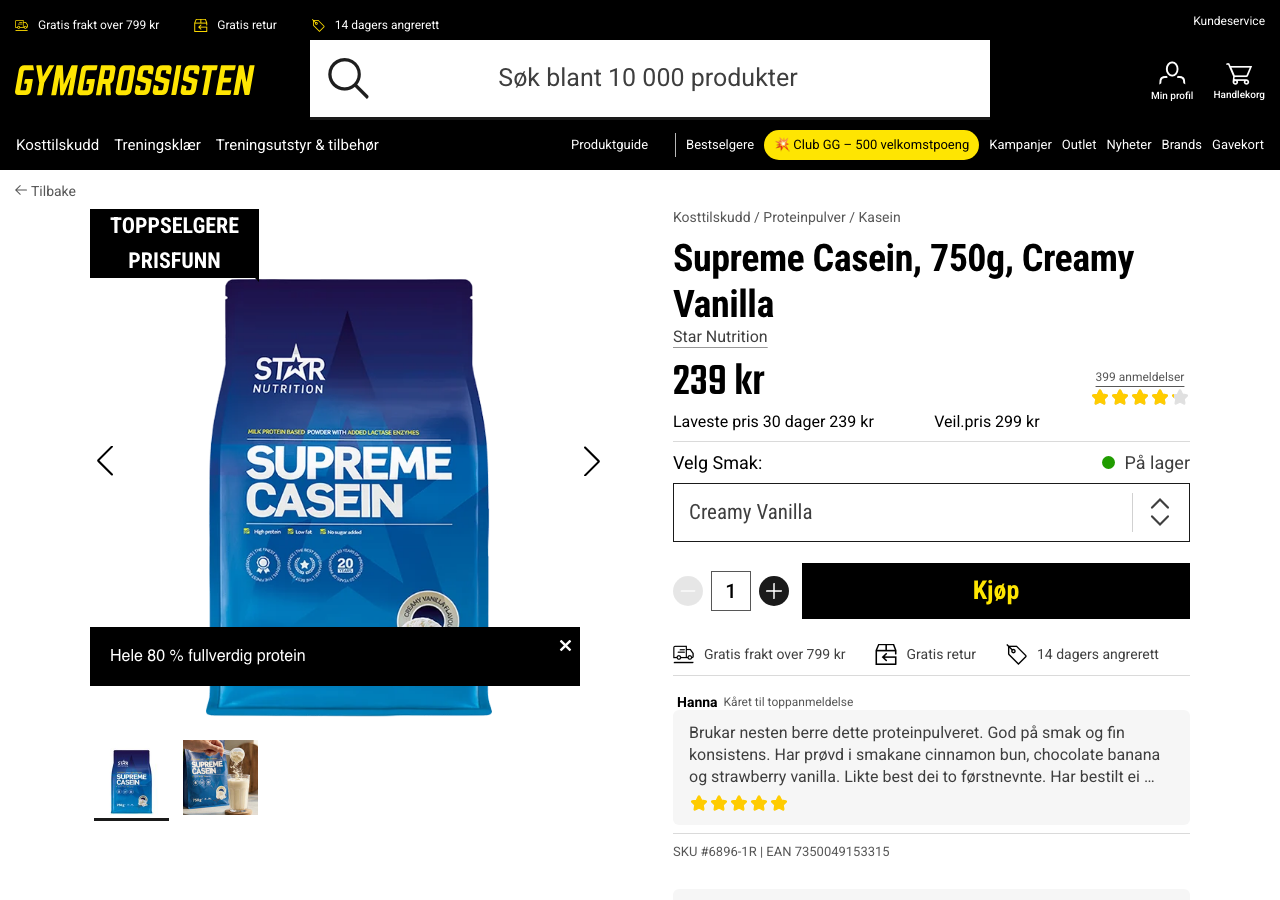 Star Nutrition Supreme Casein 750 gram Creamy Vanilla produktside hos Gymgrossisten, pris 239 kroner