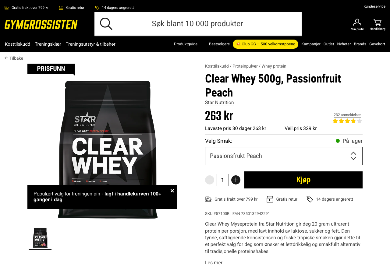 Star Nutrition Clear Whey 500 gram Passionfrukt Peach produktside hos Gymgrossisten, pris 263 kroner