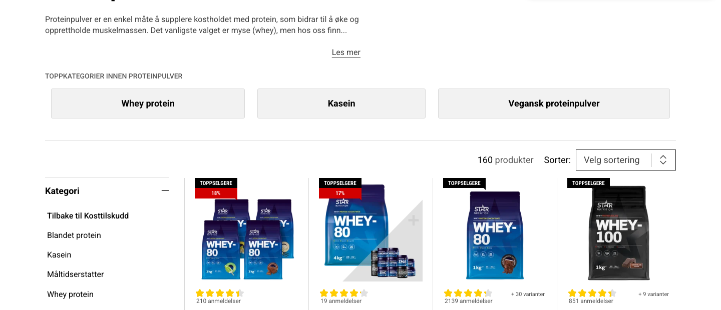 Skjermbilde av proteinpulver-kategorien hos Gymgrossisten med Star Nutrition Whey-80 og Whey-100
