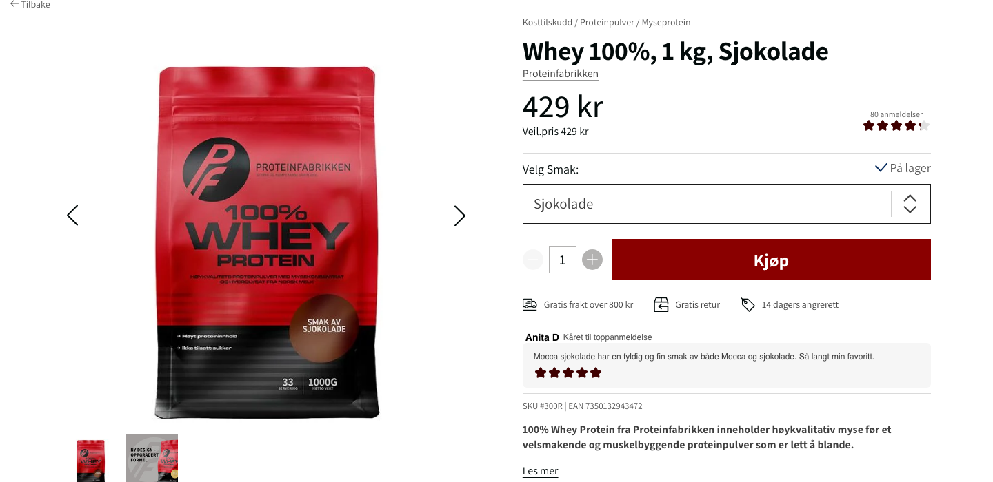 Skjermbilde av Proteinfabrikken Whey 100% 1 kg produktside med pris 429 kroner