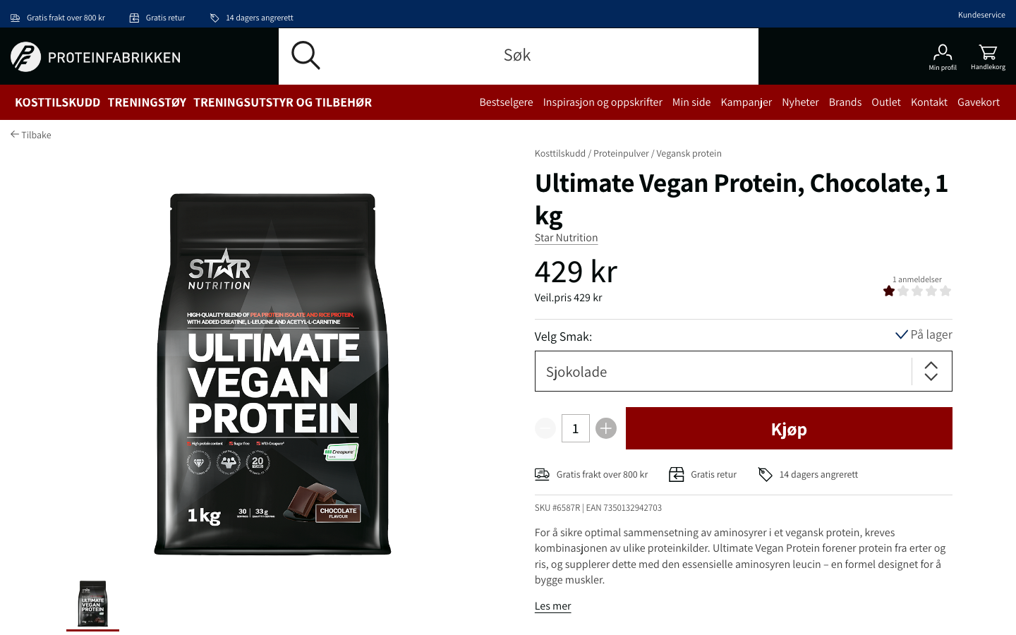 Star Nutrition Ultimate Vegan Protein Chocolate 1 kg produktside hos Proteinfabrikken, pris 429 kroner