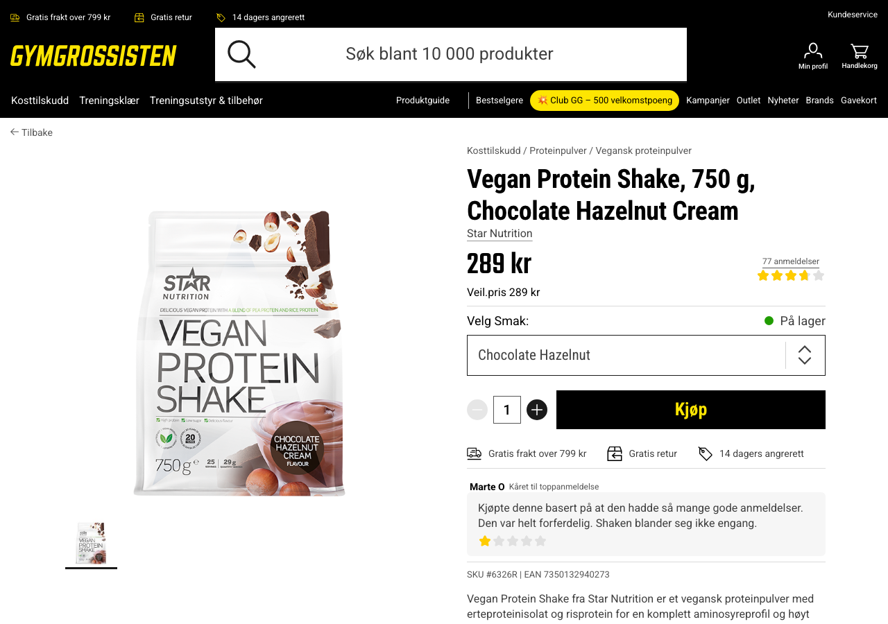 Star Nutrition Vegan Protein Shake 750 gram Chocolate Hazelnut Cream produktside hos Gymgrossisten, pris 289 kroner