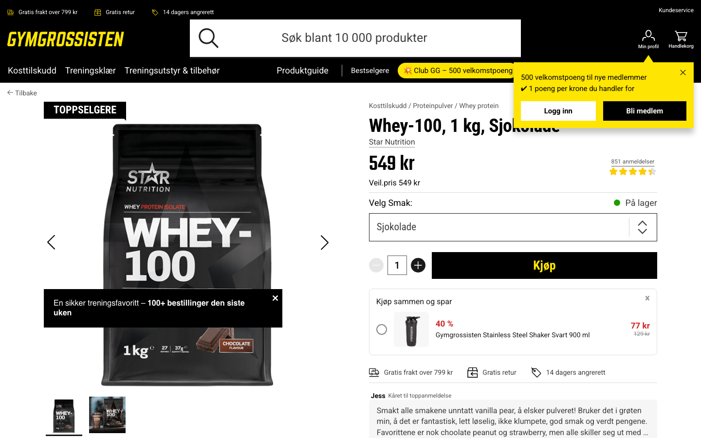 Star Nutrition Whey-100 1 kg Sjokolade produktside hos Gymgrossisten, pris 549 kroner