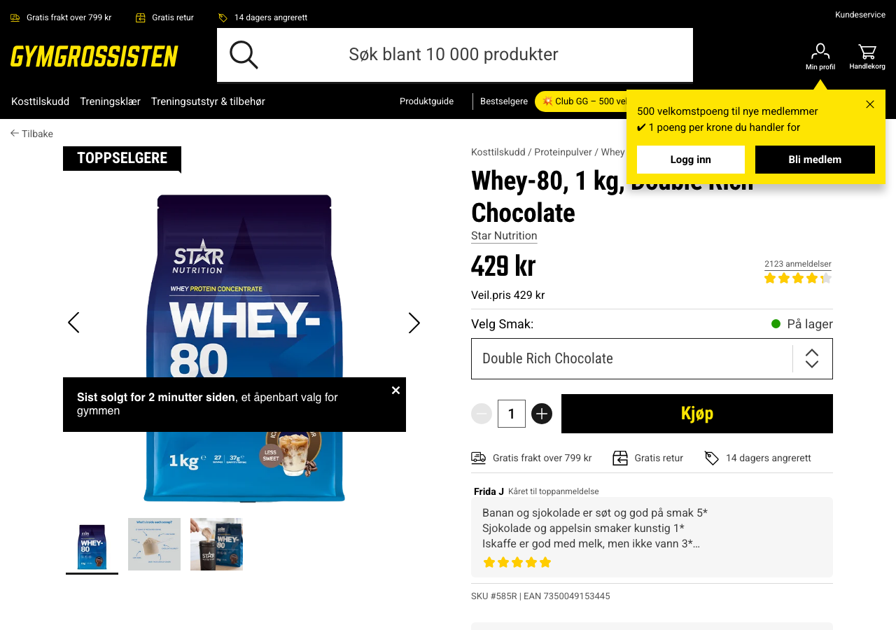 Star Nutrition Whey-80 1 kg Double Rich Chocolate produktside hos Gymgrossisten, pris 429 kroner