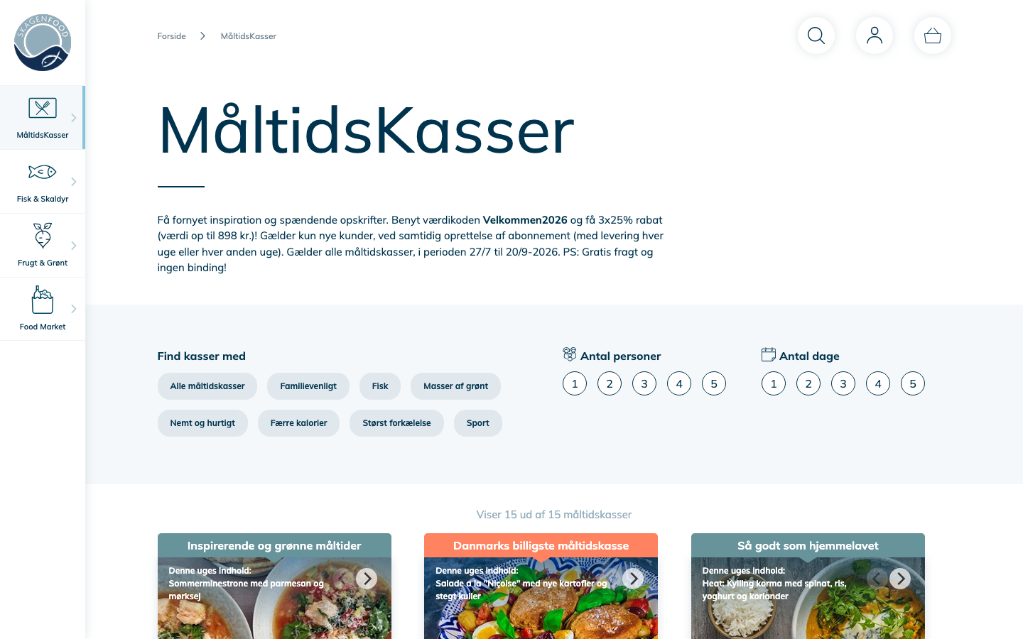 Skærmbillede af skagenfood.dk's måltidskasse-oversigt med filtre for fisk, familievenligt og masser af grønt