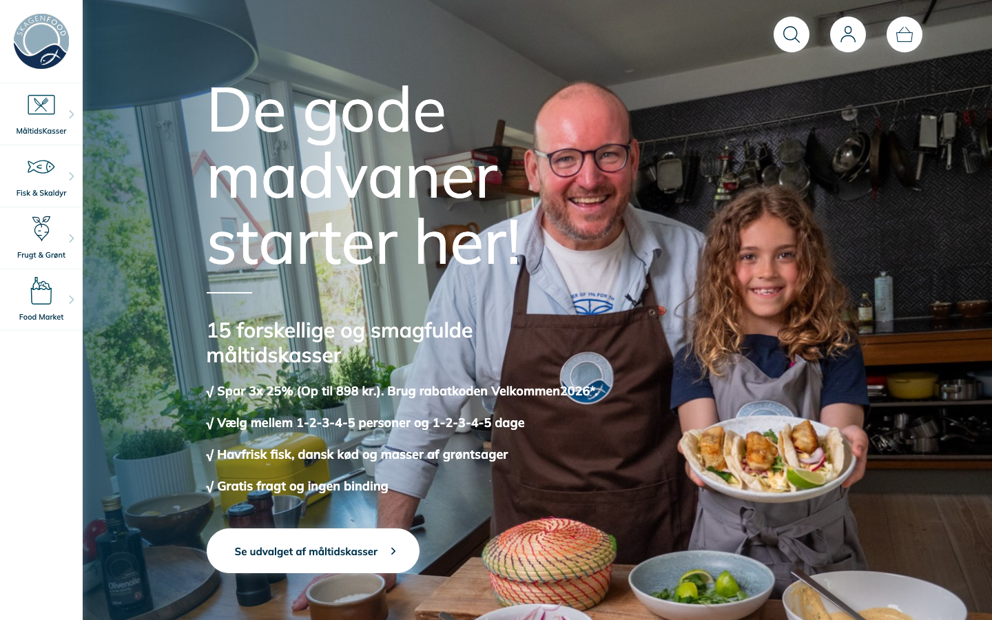 Skagenfoods forside med det aktuelle velkomsttilbud på måltidskasser