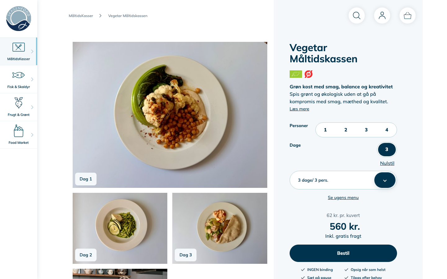 Skagenfoods Vegetar Måltidskassen med billeder af retterne og pris per kuvert