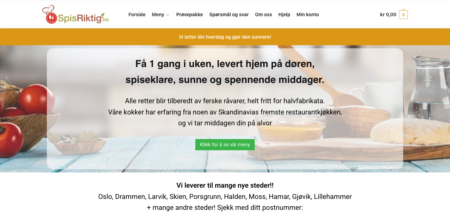 Forsiden til spisriktig.no som viser merkevaren, hero-teksten om ferdiglagde middager og listen over byer tjenesten leverer til