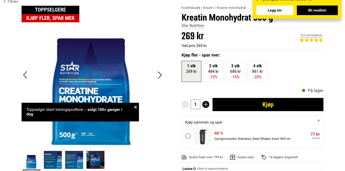 Star Nutrition Kreatin Monohydrat 500g produktside hos Gymgrossisten.no, 269 kr