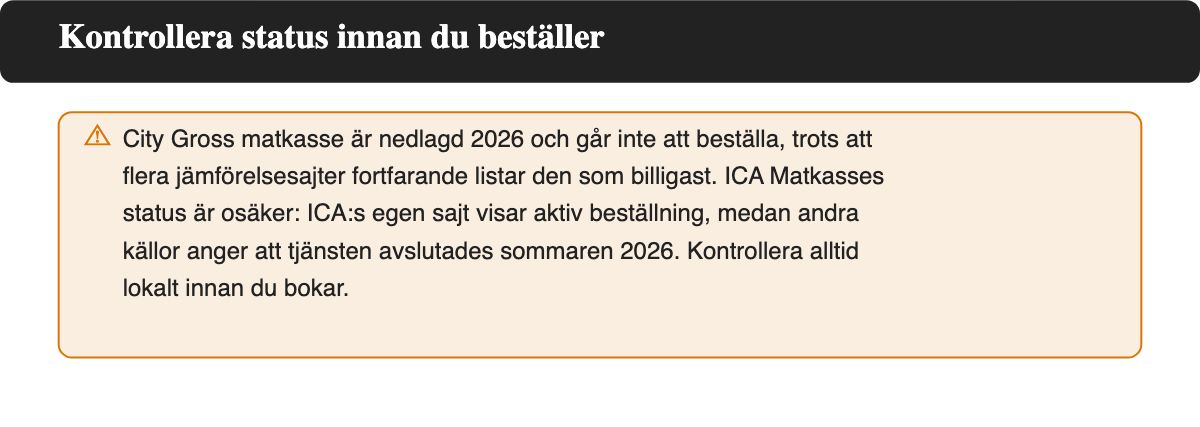 Varningsruta: kontrollera status innan du beställer City Gross matkasse eller ICA Matkasse