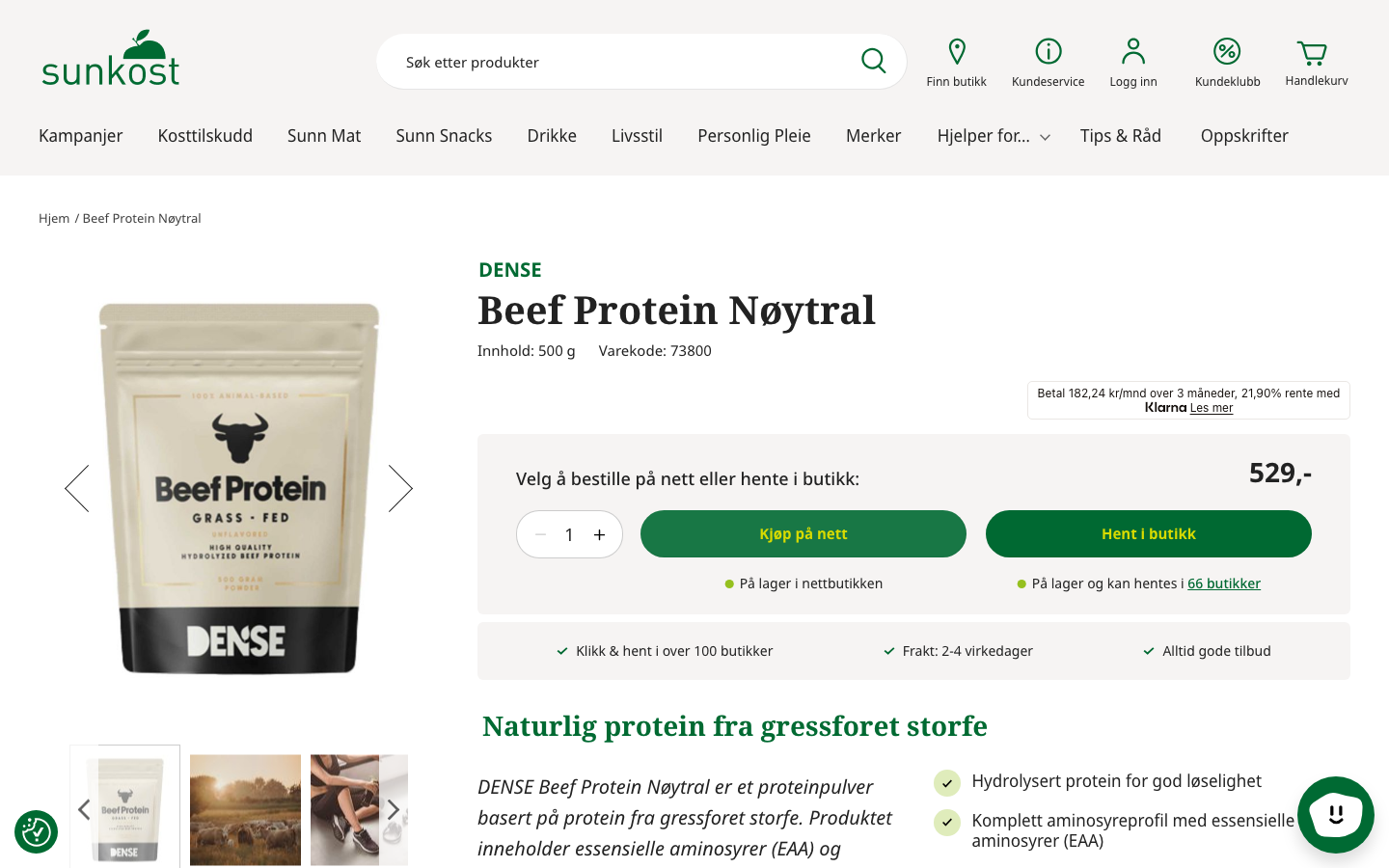 DENSE Beef Protein Nøytral produktside hos Sunkost