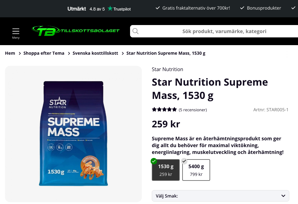 Skärmdump av Star Nutrition Supreme Mass produktsida hos Tillskottsbolaget med pris och betyg