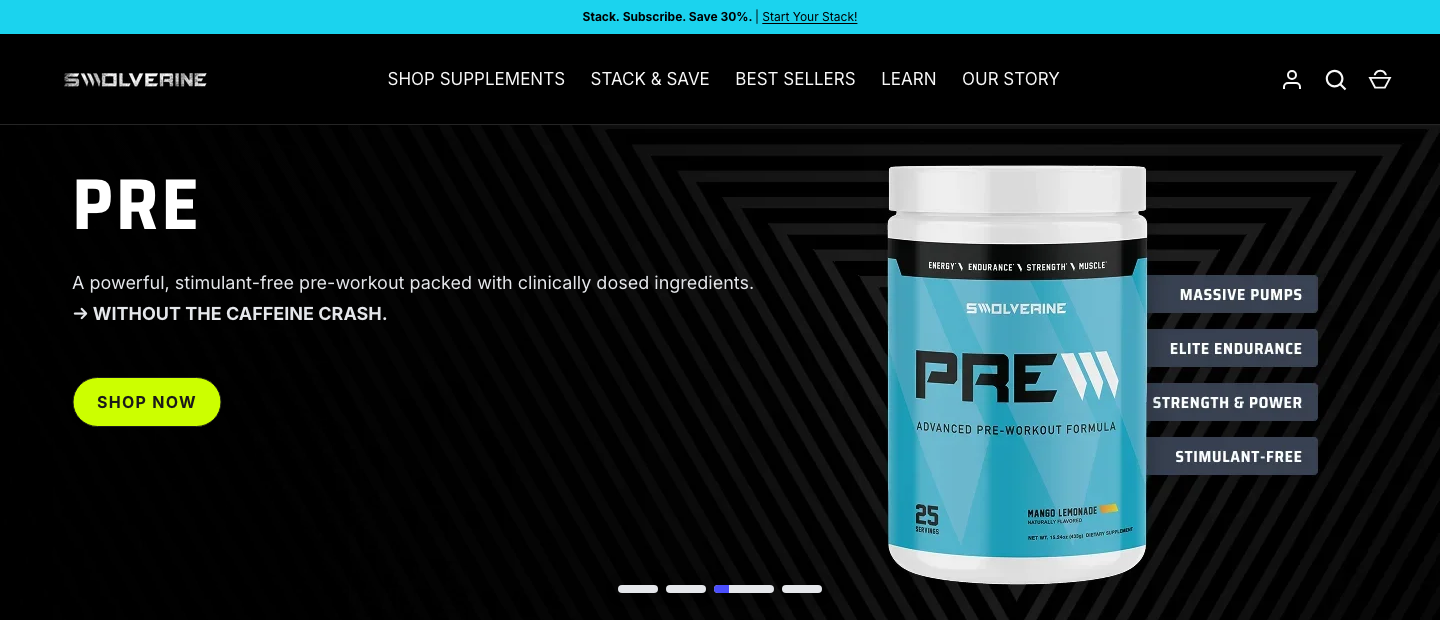 Swolverine PRE stimulant-free pre-workout product page