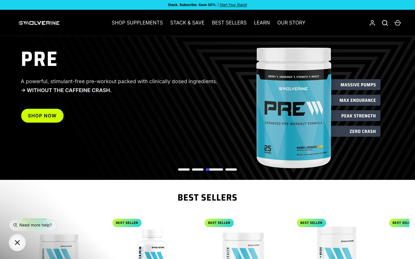 Swolverine homepage showing its supplement product line