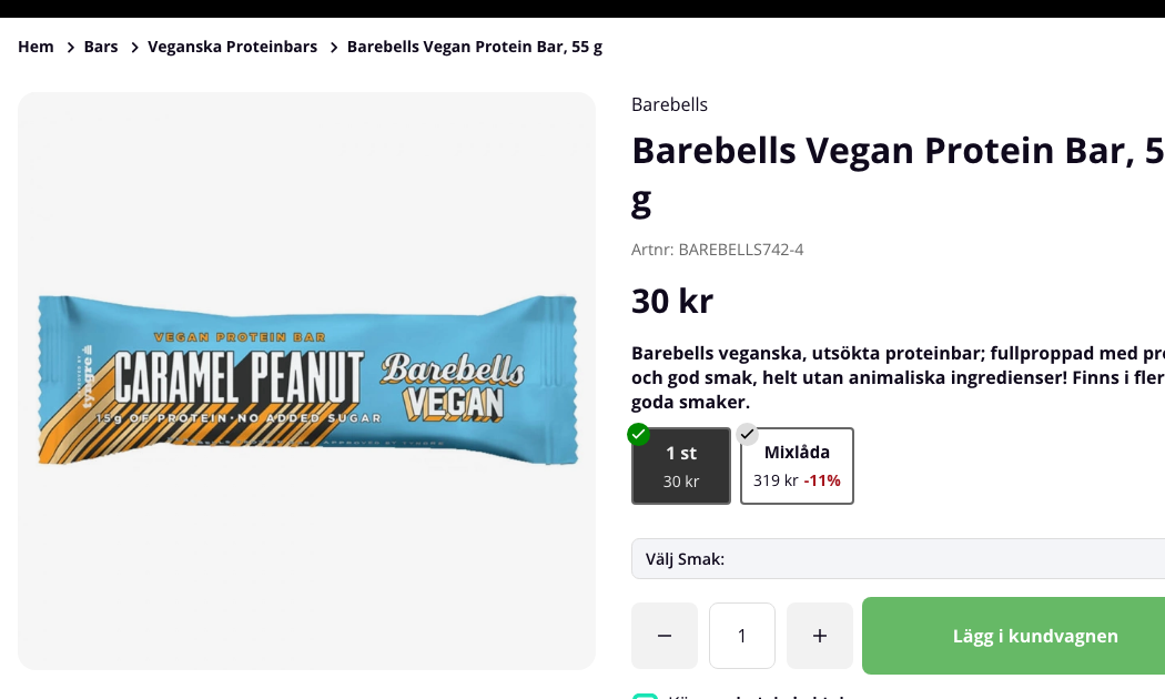 Produktsida hos Tillskottsbolaget för Barebells Vegan Protein Bar, 55 g, smak Caramel Peanut, pris 30 kr