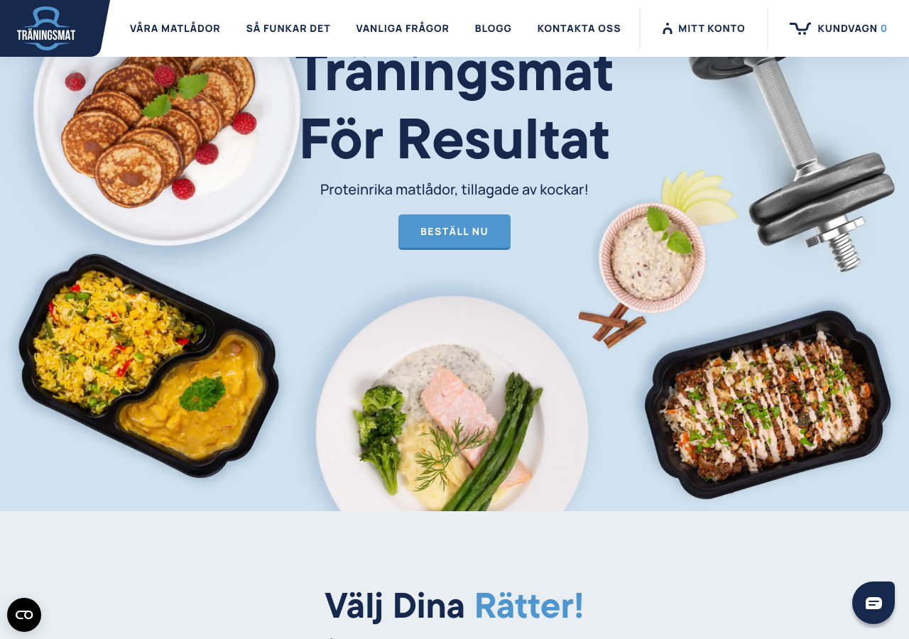 Skärmbild av Träningsmats startsida med färdiglagade matlådor