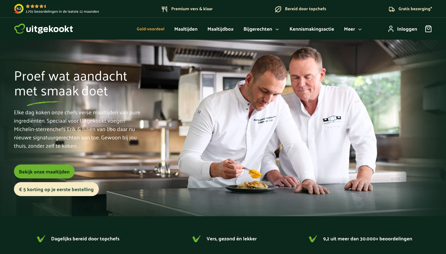 Homepage van Uitgekookt met de automatische korting voor nieuwe klanten