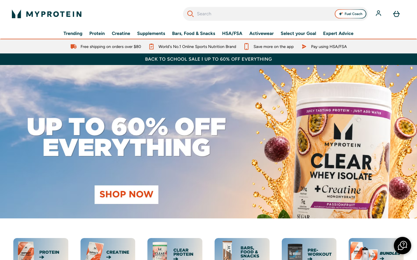 MyProtein homepage showing a Clear Whey Isolate + Creatine Monohydrate product