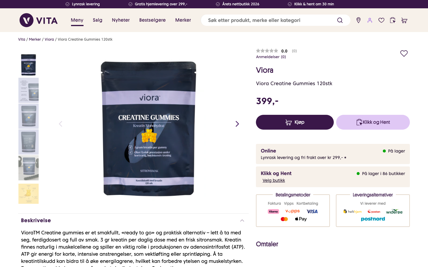 Viora Creatine Gummies 120stk produktside hos Vita.no