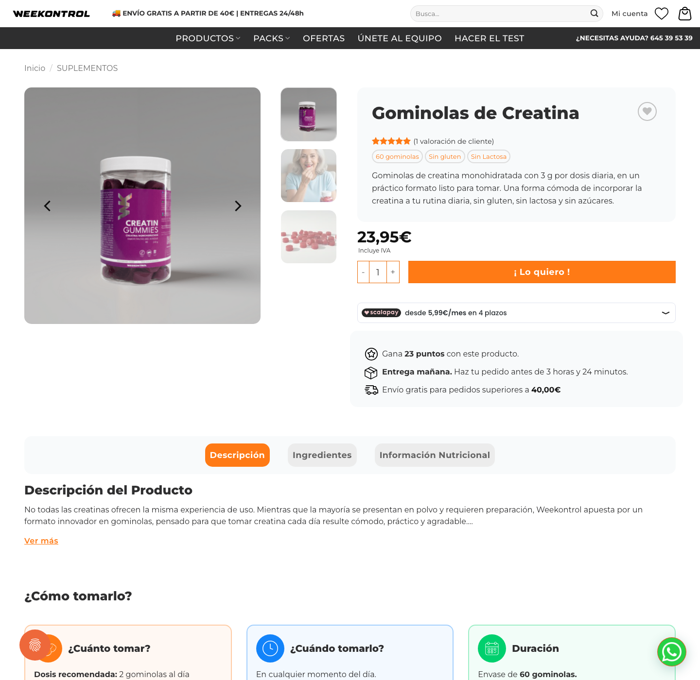 Ficha de producto de Weekontrol Gominolas de Creatina en la web de Weekontrol