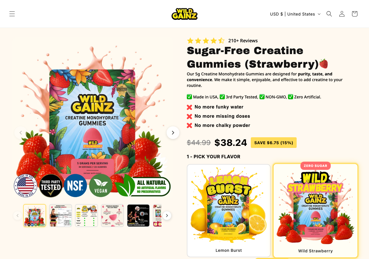 Wild Gainz Sugar-Free Creatine Gummies product page showing 5 grams per serving, 30 servings, 120 gummies, and third-party tested badges