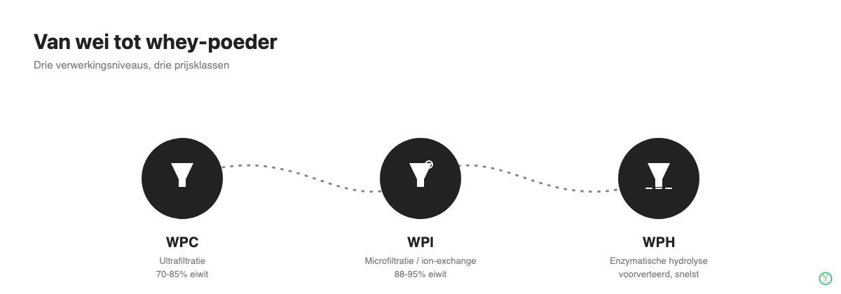 Vergelijking van het productieproces van whey concentraat, isolaat en hydrolysaat
