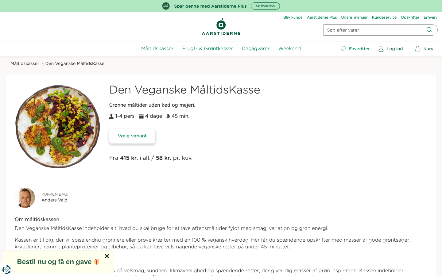 Aarstidernes Den Veganske MåltidsKasse bestillingsside med pris per kuvert