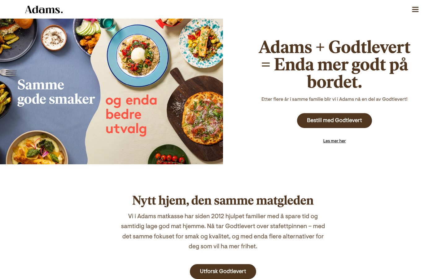 Skjermbilde av Adams Matkasse sin forside som viser sammenslåingen med Godtlevert