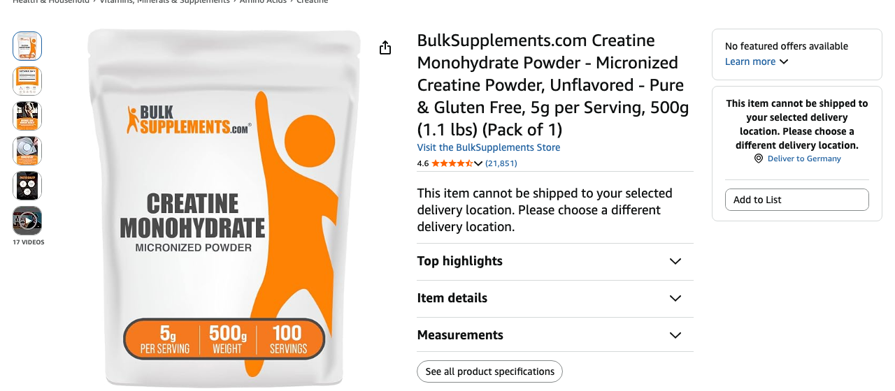 BulkSupplements Creatine Monohydrate powder product listing