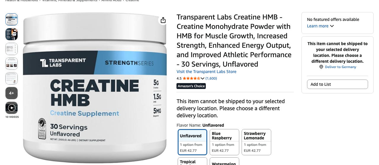 Transparent Labs Creatine HMB product listing