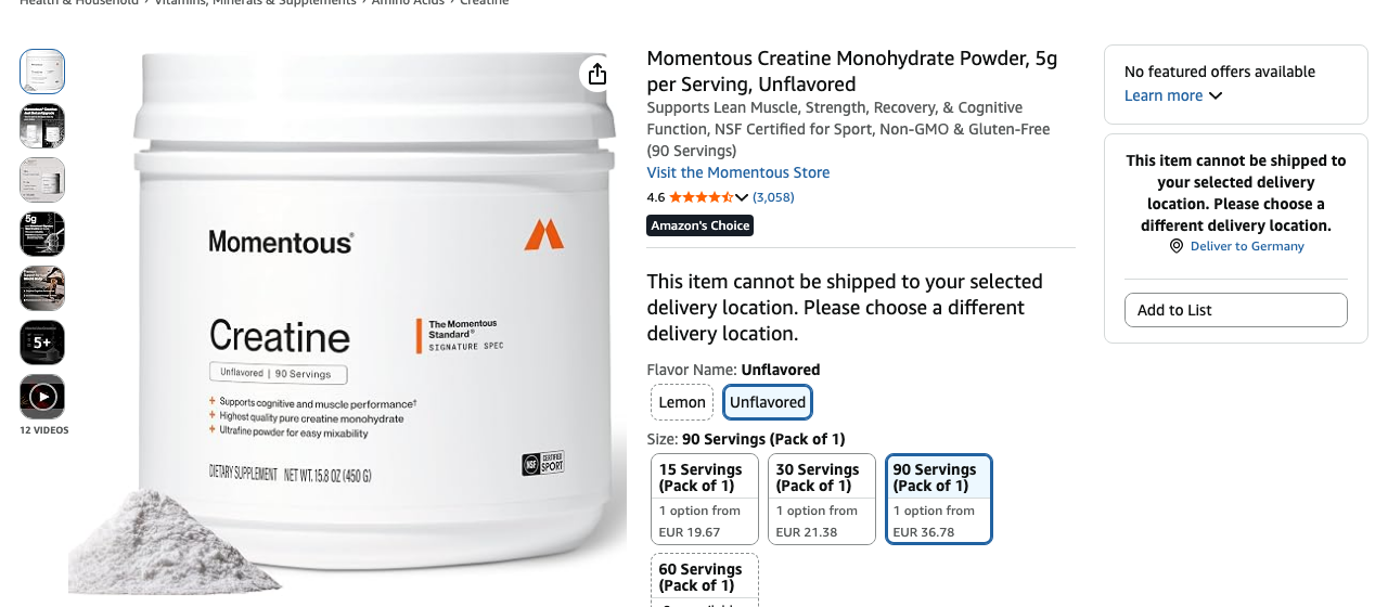 Momentous Creatine Monohydrate powder product listing