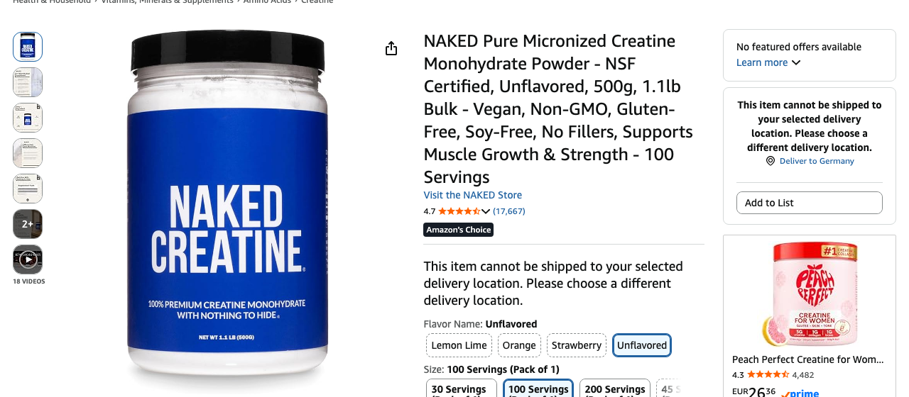 Naked Nutrition Pure Micronized Creatine Monohydrate product listing